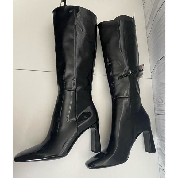 Zara Square Heeled Tall Patent Leather Boots Size 9 (40) - Picture 4 of 13